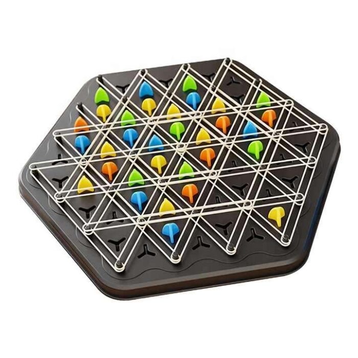 Geoboard puzzle game with colorful pegs and bands for adult couples and strategic play
